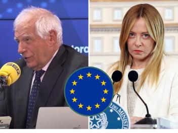 Combo de imágenes del ex Alto Representante para los Asuntos Exteriores de la UE Josep Borrell, y la primera ministra italiana, Giorgia Meloni.