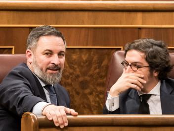 MADRID, SPAIN - DECEMBER 19: The leader of Vox, Santiago Abascal (left), and the secretary general of the VOX Parliamentary Group, Jose Maria Figaredo (right), during a plenary session in the Congress of Deputies, on 19 December, 2023 in Madrid, Spain. The Plenary of the Congress is scheduled to debate next January 9, in an extraordinary session, the amendments of totality to the Amnesty Bill announced by the PP and Vox. Once they are rejected, the law will be debated firstly in the conference and then in the Justice Commission, with the aim of returning to the Plenary at the end of January, so that the Senate can have it on its table in February. (Photo By Diego Radames/Europa Press via Getty Images)