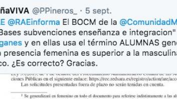 La RAE contesta a este tuit sobre el uso del término "alumnas" por el Ayuntamiento de Leganés