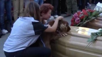 Un perro se despide de su dueño fallecido en el terremoto de Italia durante el funeral