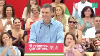 Sánchez para su mitin y hace reír a los presentes al comentar lo que le estaba pasando: salta a la vista