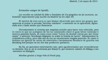 Carta de 'Un pingüino en mi ascensor' a Spotify