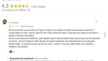 Un restaurante de Toledo se convierte en noticia por la respuesta que ha dado a esta reseña