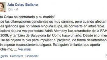 Colau defiende que su pareja trabajará para BComú y no en el Ayuntamiento