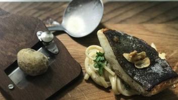 Rodaballo en mantequilla de ajos tostados con linguine en pil pil de trufa blanca