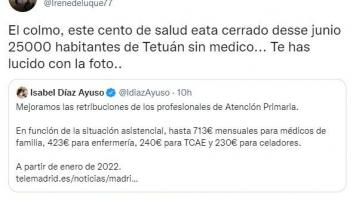 Ayuso saca pecho de la sanidad madrileña pero comparte una noticia con la foto de un centro de salud cerrado