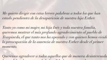 La emocionada carta del padre de Esther López tras el hallazgo del cuerpo de su hija