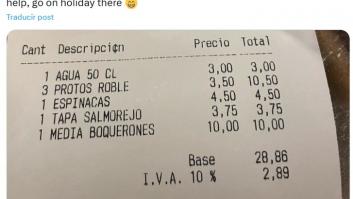 Un estadounidense paga en España 31 euros por tres platos, tres vinos y un agua y ojo a su conclusión