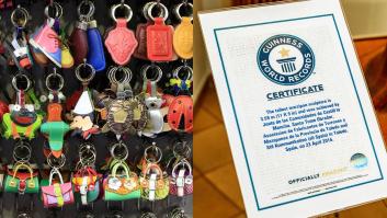Montaje de una imagen con diversos llaveros y otra de un certificado otorgado a la escultura de Mazapán Quijote, inscrita en el libro Guinness World Records.