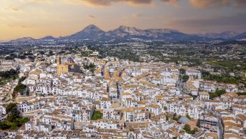 Touristic town of Altea in Alicante and church with Sierra de Bernia mountain in the south east of Spain.