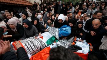 TUBAS, WEST BANK - MARCH 15: People attend the funeral ceremony of Palestinian mother, father, and two children who lost their life as a result of Israeli forces' opening fire at the village of Tamun, near the city of Tubas, West Bank on March 15, 2026. (Photo by Issam Rimawi/Anadolu via Getty Images)