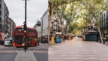 Una imagen de archivo de Oxford Street, en Londres, y otra de La Rambla, en Barcelona.