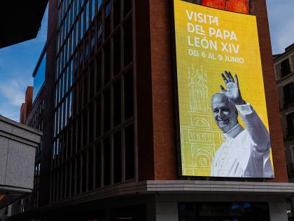 MADRID, SPAIN - JUNE 04: Illuminated screens depicting Pope Leo XIV on June 04, 2026 in Madrid, Spain. Pope Leo XIV will make a trip to Spain from June 6-12, with stops in Madrid, Barcelona and the Canary Islands.  (Photo by Dan Kitwood/Getty Images)