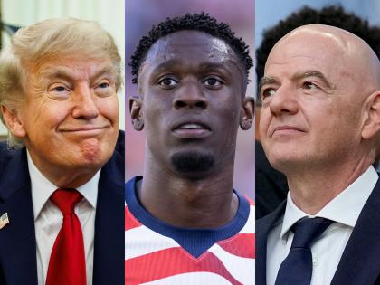 El presidente de EEUU, Donald Trump; el goleador de su selección de fútbol masculina, Folarin Balogun, y Gianni Infantino, presidente de la FIFA, en imágenes de archivo.