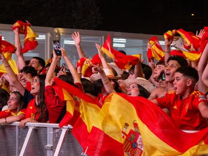 Supporters gather in Plaza de Colon, Madrid, Spain, on July 14, 2026, to watch the FIFA World Cup 2026 semi-final match between France and Spain on giant screens. Spectators wave national flags and celebrate the football atmosphere during the public viewing event in the Spanish capital. (Photo by Francesco Militello Mirto/NurPhoto via Getty Images)