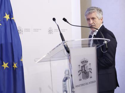 El ministro del Interior, Fernando Grande-Marlaska, llega a la rueda de prensa que ha ofrecido tras asistir a la reunión telemática del consejo extraordinario de ministros del Interior de la UE.