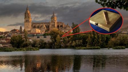 Una imagen de archivo de Salamanca y una imagen superpuesta de una pandereta cuadrada