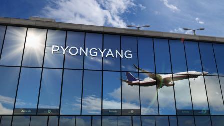 Ilustración 3D de un avión aterrizando en Pyongyang, Corea del Norte. Llegada a la ciudad con la terminal de cristal del aeropuerto y el reflejo de un avión a reacción.