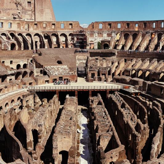 Vista del interior de Coliseo de Roma.
In this picture, taken at one end of the Colosseum, one can see all levels of the structure to get an appreciation for the size and craftsmanship that went into building this iconic landmark of history.