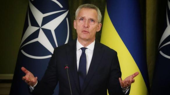 Jens Stoltenberg, en una intervención desde Ucrania en una imagen del pasado abril