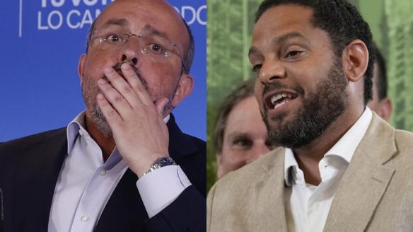 El líder del PP catalán, Alejando Fernández, y el de Vox, Ignacio Garriga; en sendas imágenes durante la valoración de resultados.