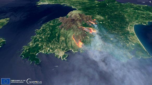 Corfu, pasto de las llamas  y visto a 'ojos' de los satétiles de Copernicus