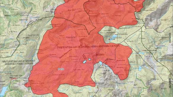 Imagen de la superficie quemada hasta el lunes por la tarde en el incendio de Porto (Zamora) obtenida del sistema satelital Copernicus, que revela que se han quemado más de diez mil hectáreas en las provincias de Zamora, Ourense y León en ese incendio, según el análisis del ingeniero forestal y experto Celso Coco.