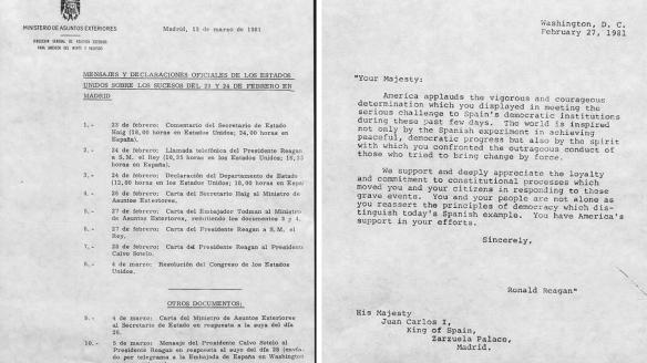 El presidente de Estados Unidos, Ronald Reagan, llamó por teléfono al rey Juan Carlos el 24 de febrero de 1981 para dar apoyo a la democracia española