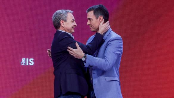 MADRID, SPAIN - NOVEMBER 27: Former Prime Minister Jose Luis Rodriguez Zapatero (left) embraces the new president of the Socialist International, Pedro Sanchez, during the last day of the XXVI Congress of the Socialist International (SI), at IFEMA Madrid, on 27 November, 2022 in Madrid, Spain. In this last session of the Congress of the SI, an international organization of social democratic, socialist and labor parties, takes place the proclamation of Sanchez as the first Spanish president of the Socialist International. The Secretary General of the Spanish Socialist Workers' Party (PSOE), and President of the Spanish Government, Pedro Sanchez, was already proclaimed in this position at the beginning of the Congress. He is the only candidate who ran to replace the Greek, Yorgos Papandreu, who had been in office since 2006.

 He is the only candidate who ran to replace the Greek, Yorgos Papandreu, who had been in office since 2006. (Photo By Ricardo Rubio/Europa Press via Getty Images)