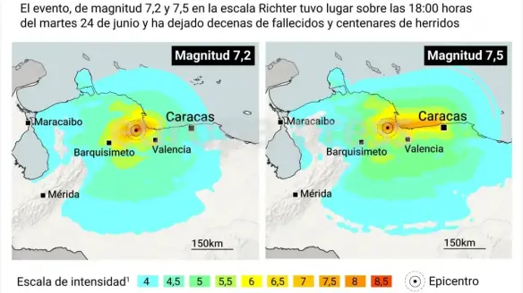 Mapa de localización del epicentro de los terremotos que han sacudido Venezuela el 24 de junio de 2026.