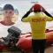 Denis Sguera y un socorrista preparándose para rescatar a alguien en el mar.