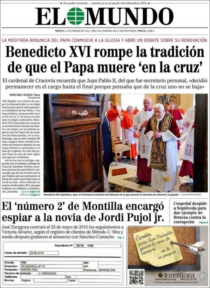 El papa dimite: La renuncia de Benedicto XVI, en los periódicos del mundo (FOTOS)