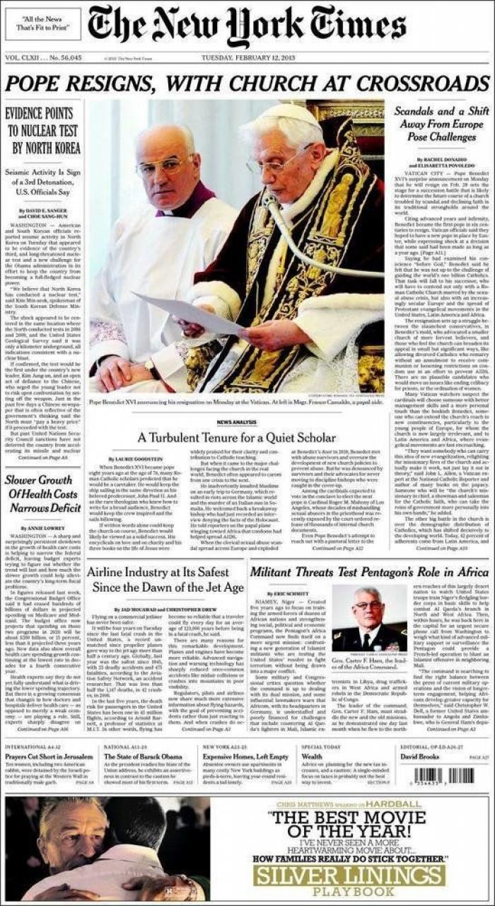 El papa dimite: La renuncia de Benedicto XVI, en los periódicos del mundo (FOTOS)