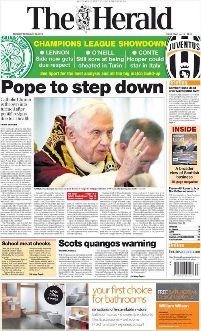 El papa dimite: La renuncia de Benedicto XVI, en los periódicos del mundo (FOTOS)