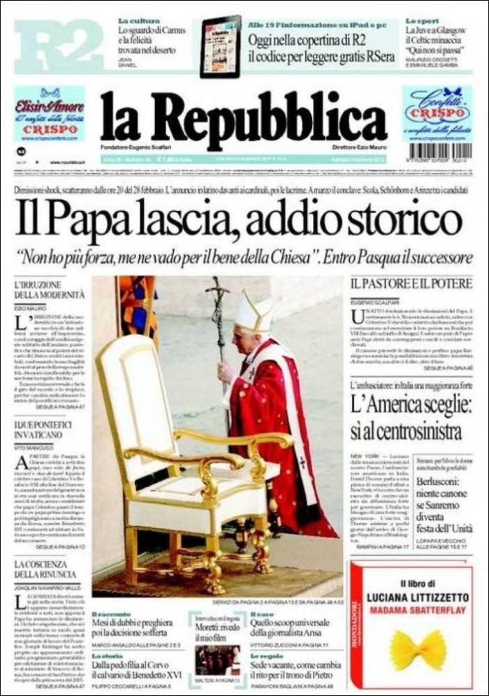 El papa dimite: La renuncia de Benedicto XVI, en los periódicos del mundo (FOTOS)
