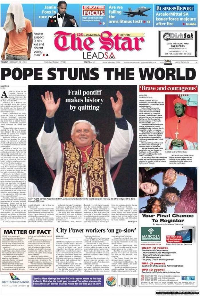 El papa dimite: La renuncia de Benedicto XVI, en los periódicos del mundo (FOTOS)