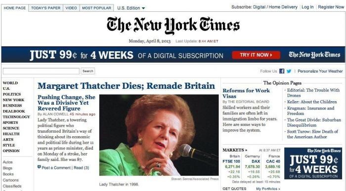 Muere Margaret Thatcher: la derecha sin contemplaciones pierde a su referente