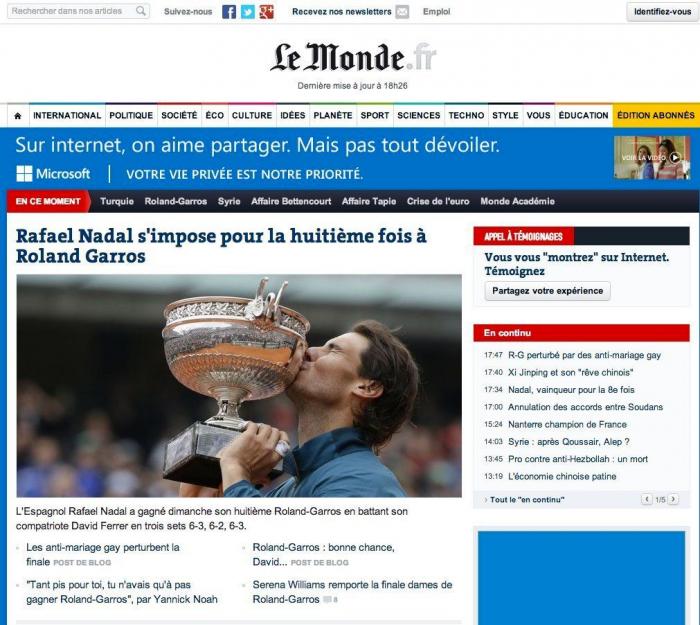 La prensa francesa se rinde a la octava victoria de Nadal en Roland Garros (FOTOS)