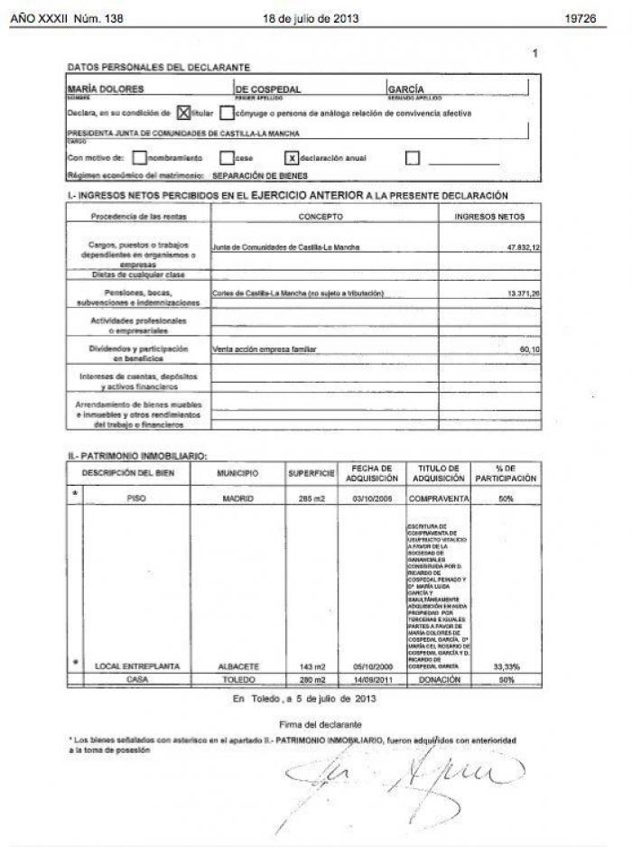 Cospedal ingresó en 2012 61.263 euros netos, según su declaración de actividades (FOTOS)