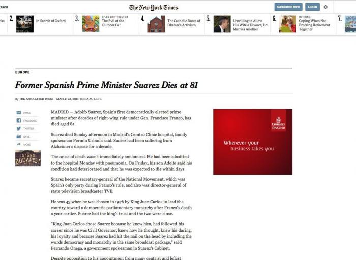 La muerte de Suárez en la prensa extranjera: "Llevó a España a la democracia"