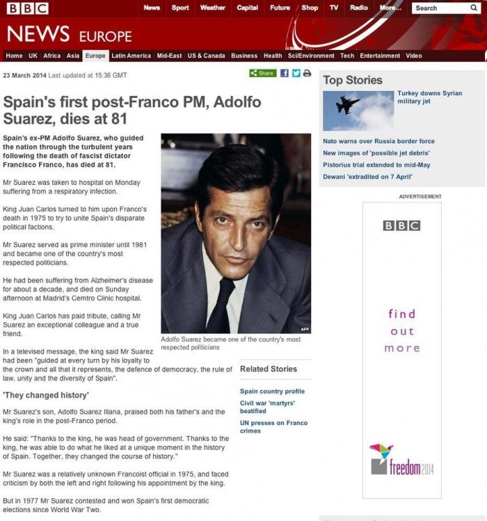 La muerte de Suárez en la prensa extranjera: "Llevó a España a la democracia"