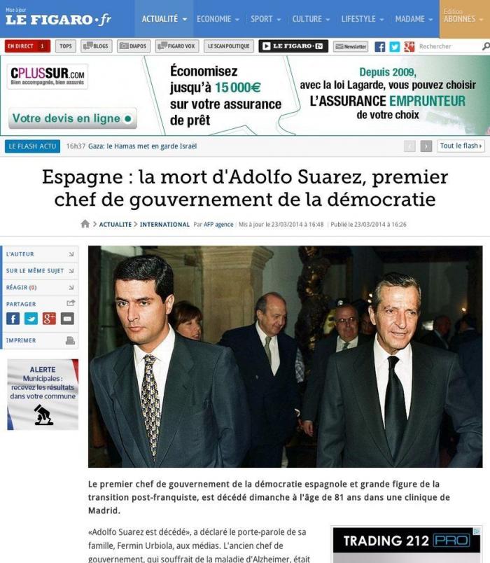 La muerte de Suárez en la prensa extranjera: "Llevó a España a la democracia"