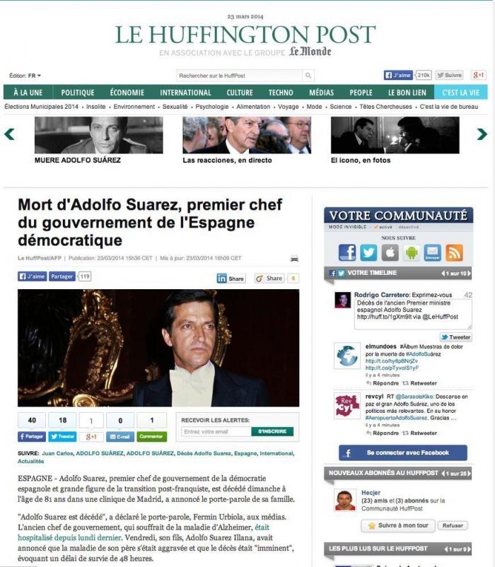 La muerte de Suárez en la prensa extranjera: "Llevó a España a la democracia"