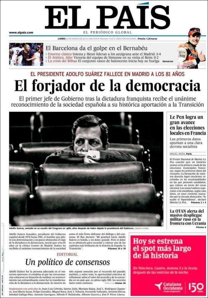 La prensa despide a Suárez: Desde el "mito" a una gran bandera de España (FOTOS)