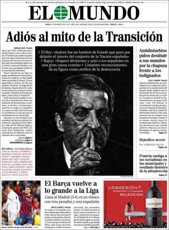 La prensa despide a Suárez: Desde el "mito" a una gran bandera de España (FOTOS)