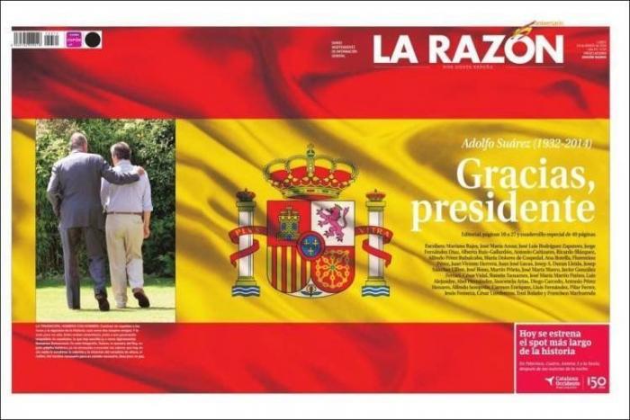 La prensa despide a Suárez: Desde el "mito" a una gran bandera de España (FOTOS)