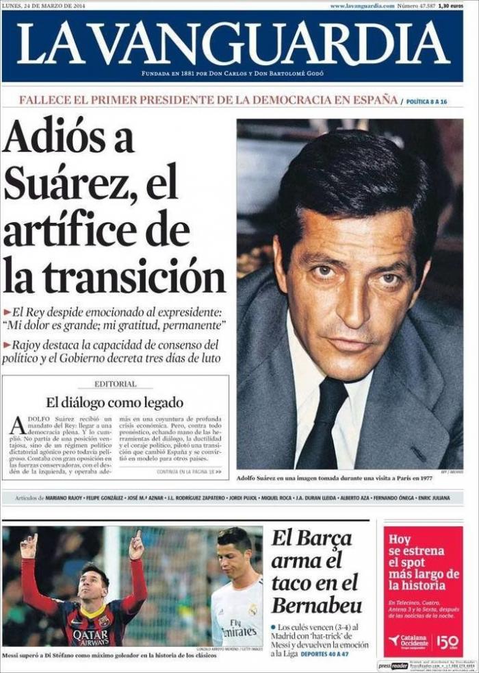 La prensa despide a Suárez: Desde el "mito" a una gran bandera de España (FOTOS)