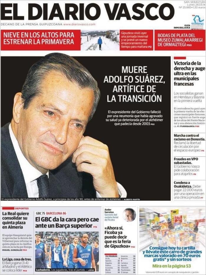 La prensa despide a Suárez: Desde el "mito" a una gran bandera de España (FOTOS)