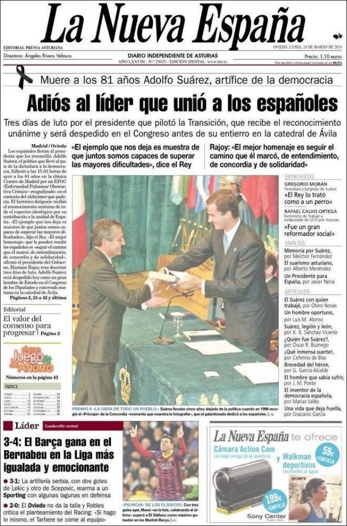 La prensa despide a Suárez: Desde el "mito" a una gran bandera de España (FOTOS)