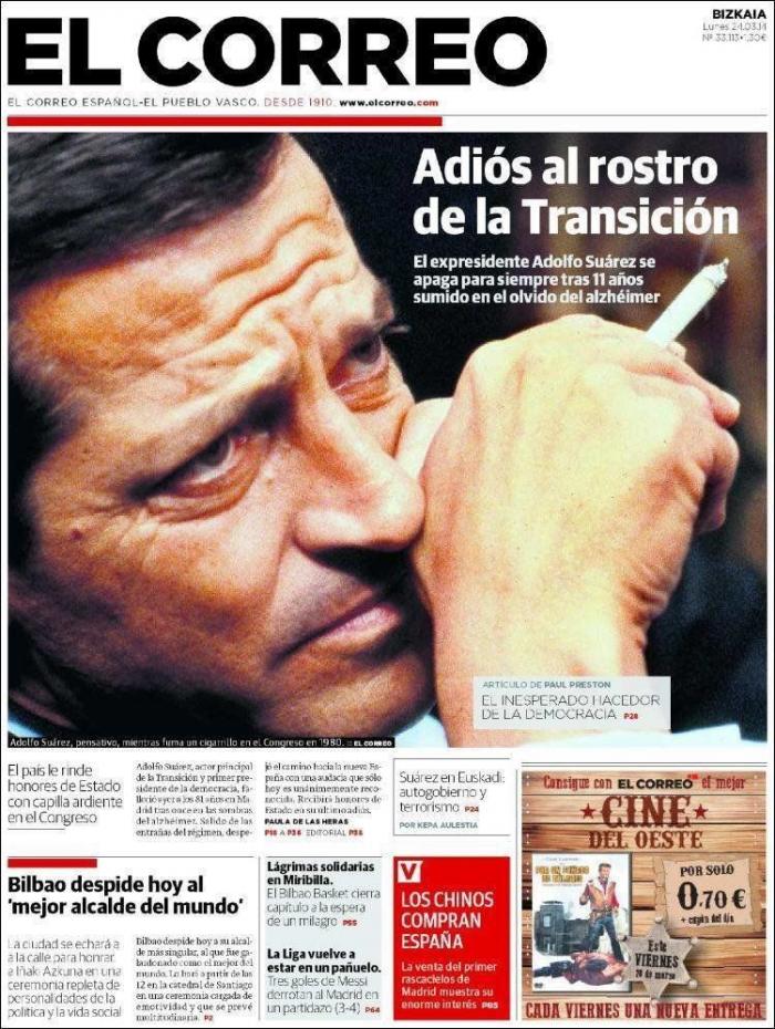 La prensa despide a Suárez: Desde el "mito" a una gran bandera de España (FOTOS)